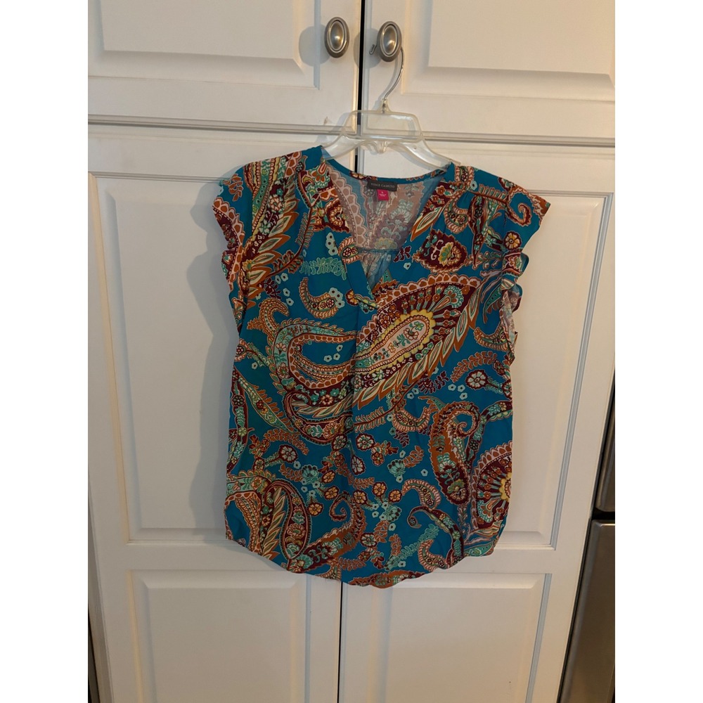 Vince Camuto Teal Paisley Ruffle Cap Sleeve V-Neck Blouse 91324B023 Womens Small